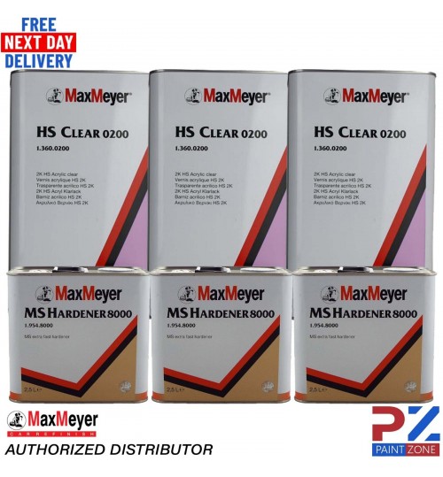 3x Max Meyer HS Clear Coat 2k Lacquer 0200 + MS Hardener 8000 -3X 7.5 Litre kit